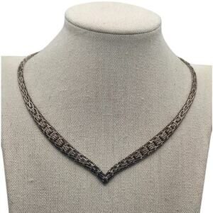 Vintage Italian Sterling Silver Woven V Necklace – 925 Italy